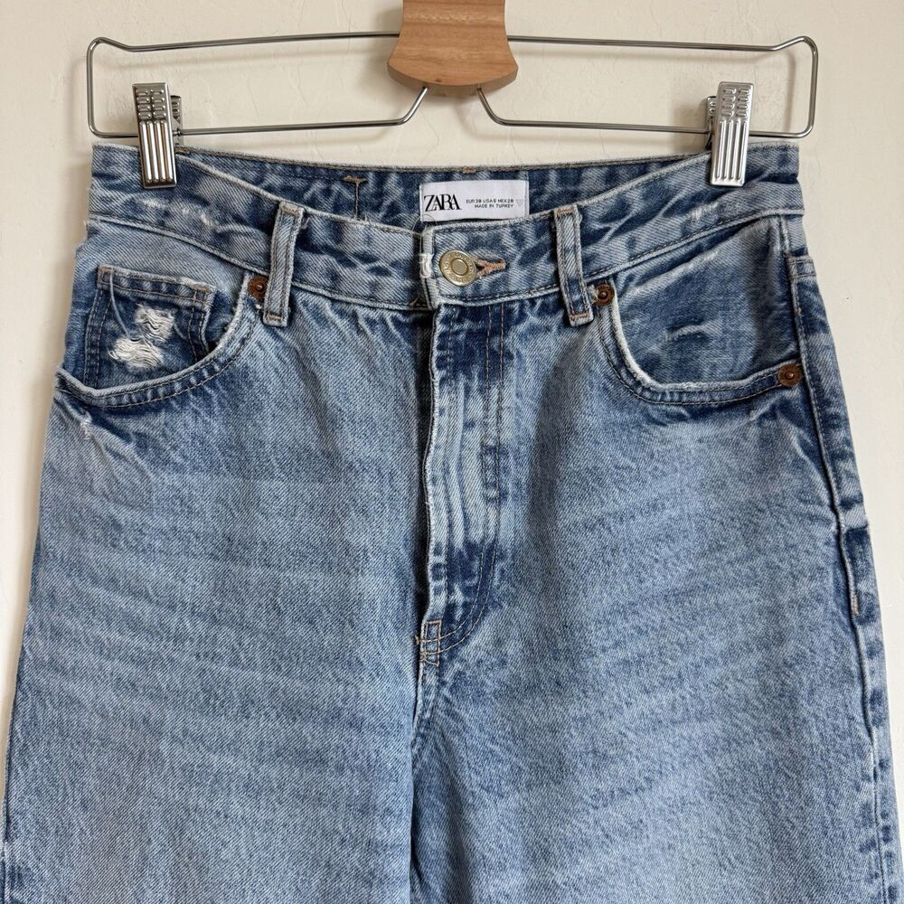 Zara Jeans Womens Sz 6 Blue Med Wash Cotton Wide Leg Baggy Distressed High Rise - Picture 5 of 16